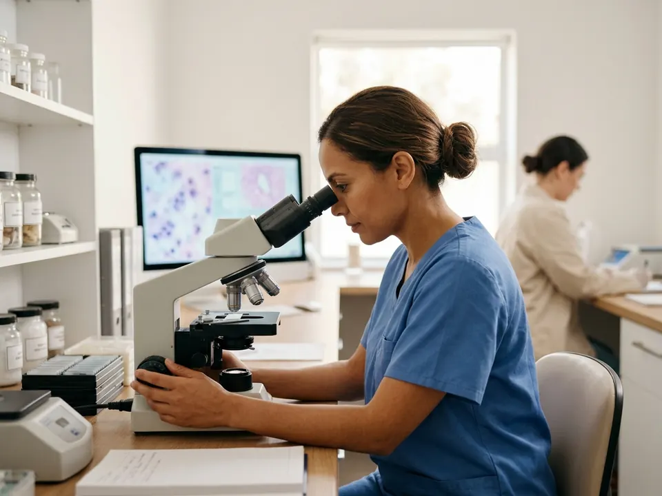 A dermatologist examining tissue slides under a microscope in a bright laboratory environment.