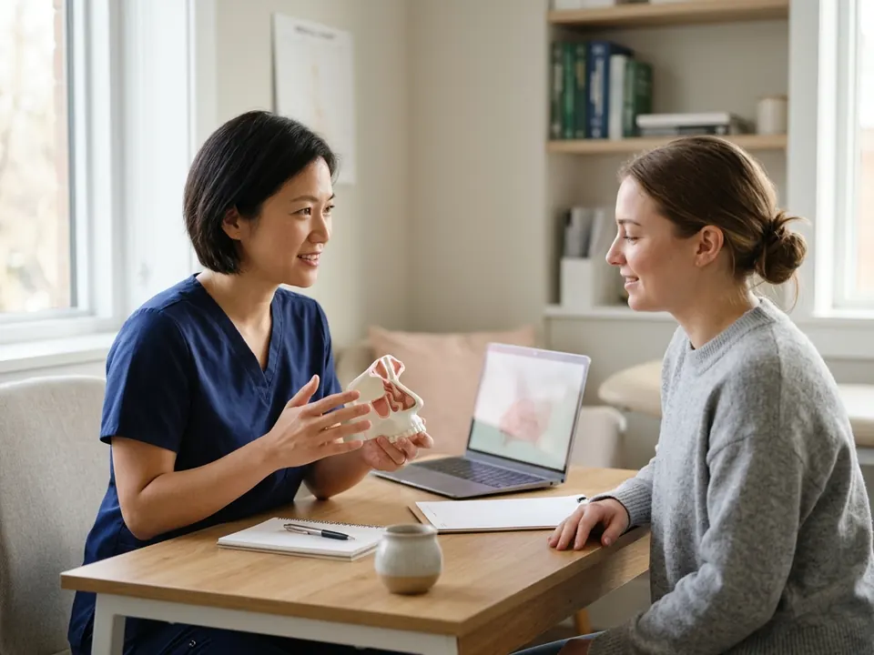 An ENT specialist explaining sinus structure using an anatomical model during a patient consultation.
