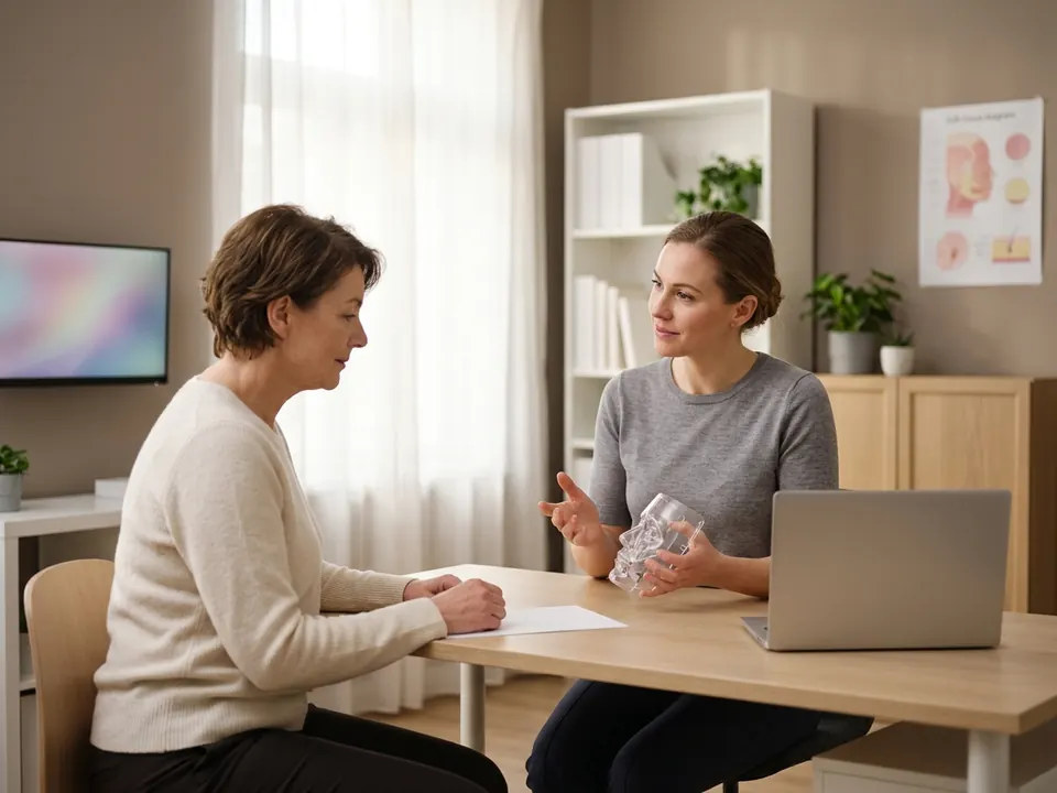 A surgeon assessing a patient's neck line during a cosmetic consultation in a bright room.