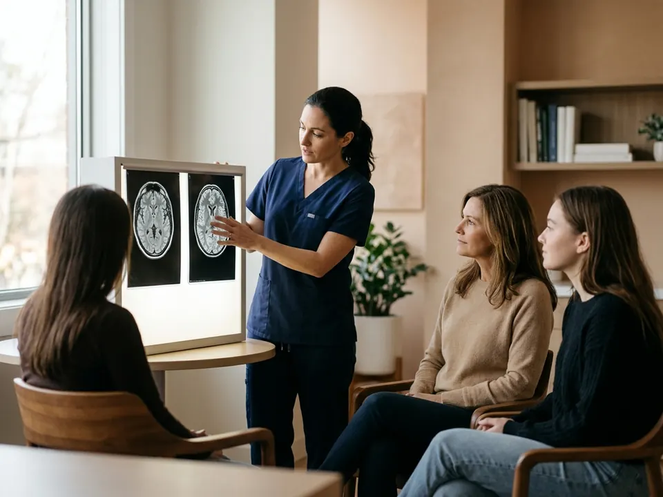 A neurosurgeon reviewing head diagnostic scans with a family in a clinic.