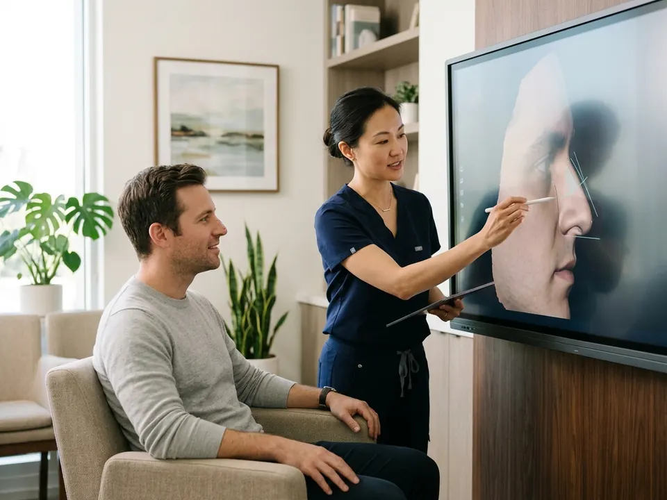 A surgeon demonstrating nasal structure adjustments to a patient on a monitor.