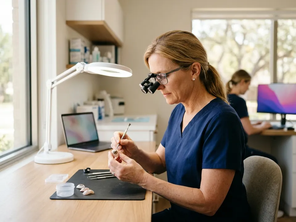 An ocularist inspecting a custom ocular prosthesis in a clean ophthalmic office setting.