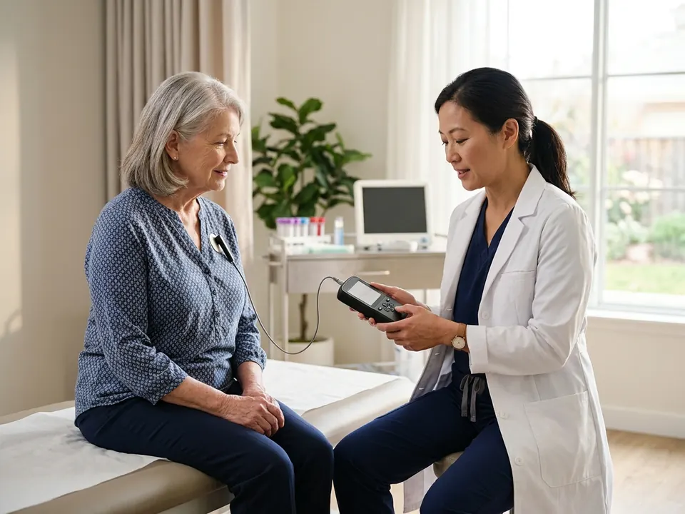 A cardiologist checking a patient's pacemaker settings using a handheld device.