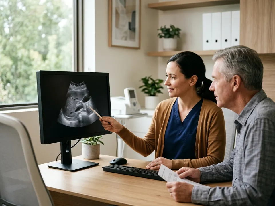 A doctor and patient discussing an abdominal ultrasound image in a clinic office.