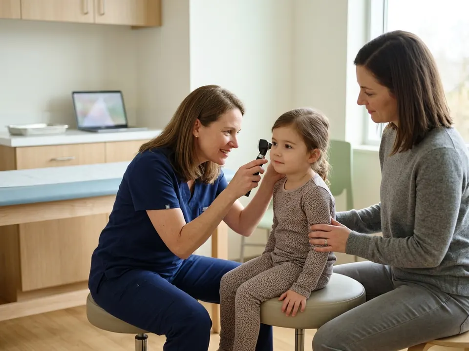 A pediatric doctor examining a young child's ear with an otoscope in a colorful clinic.