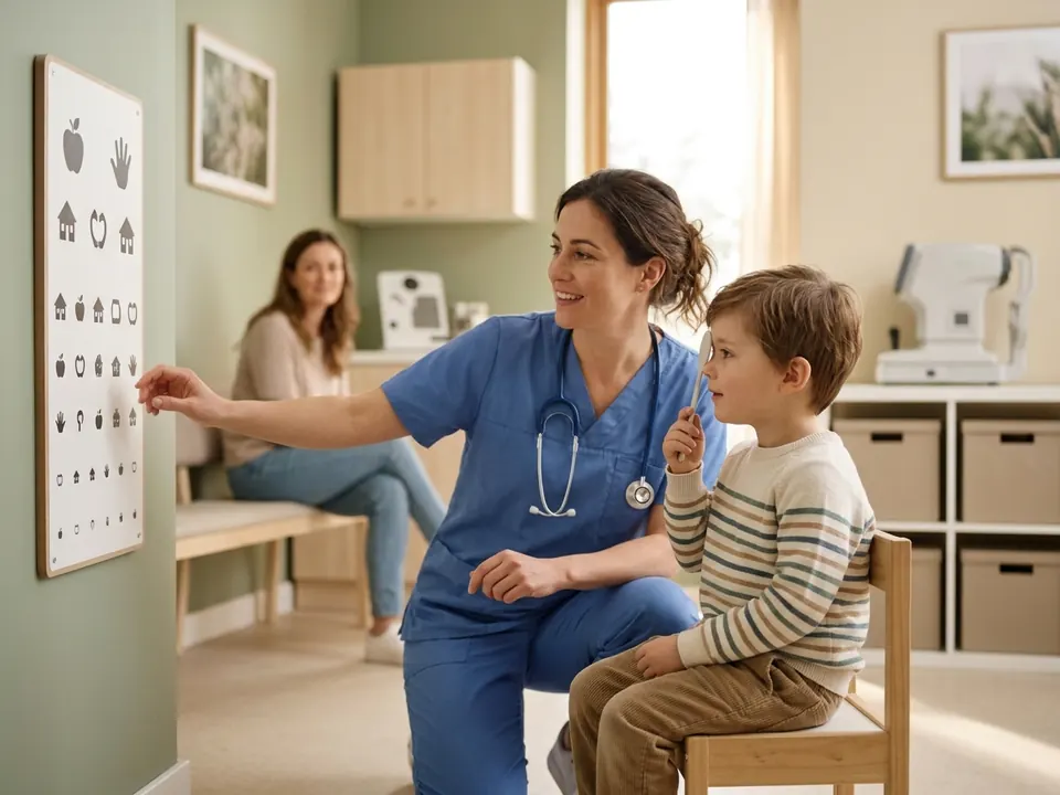 A pediatric eye doctor conducting a vision test for a child in a specialized clinic room.