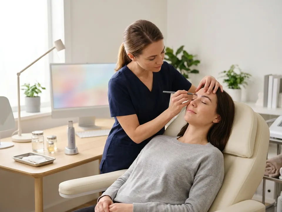 An aesthetic clinician measuring eyebrow proportions for a patient reclining on a treatment chair.