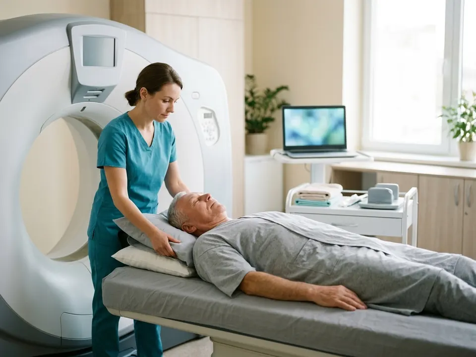 A radiographer preparing a modern PET scanner in a bright diagnostic imaging suite.