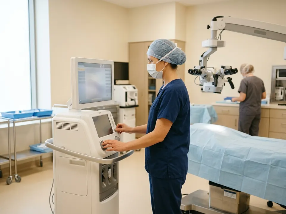 An eye specialist setting up an advanced cataract surgical equipment system in a clinic room.