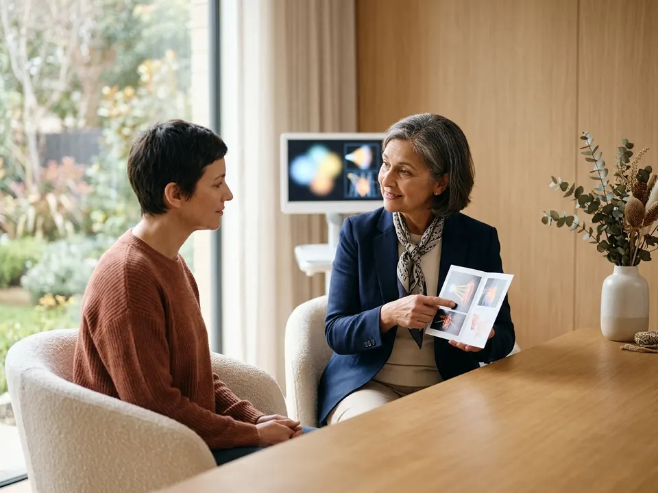 An oncologist discussing a light-based medical treatment with a calm patient in a private room.