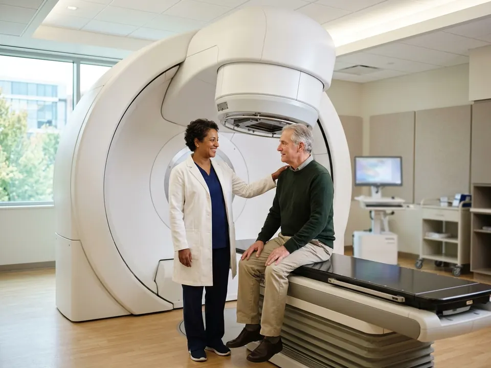 A radiation oncologist speaking with an adult patient inside a modern proton therapy facility.
