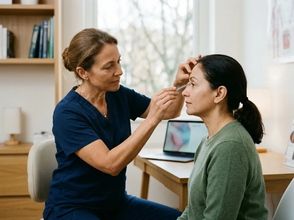An eye specialist examining a patient's eyelids during a facial consultation.