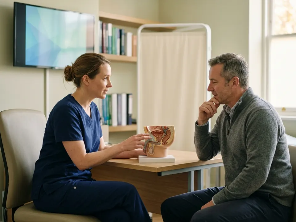 A urologist discussing a laser procedure with a male patient in a modern consultation room.