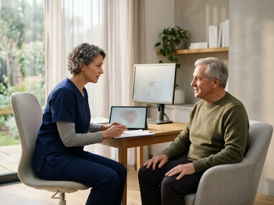 A neurosurgeon consulting with a patient in a bright, modern medical office setting.