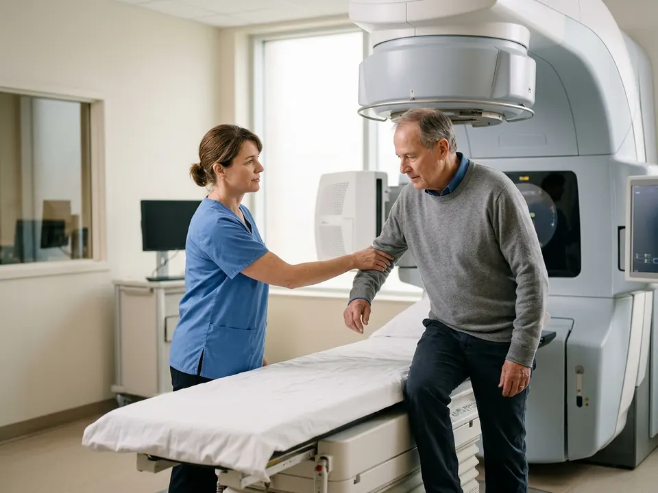 A radiation oncologist assisting a patient inside a modern linear accelerator treatment suite.