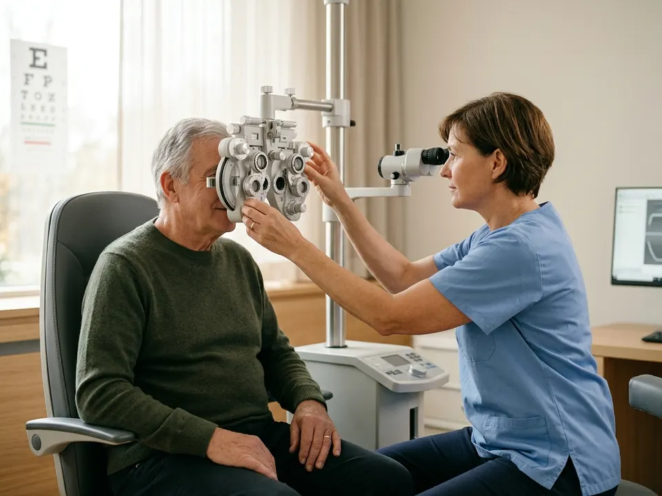 An ophthalmologist using a phoropter to test a patient's vision in an eye care clinic.