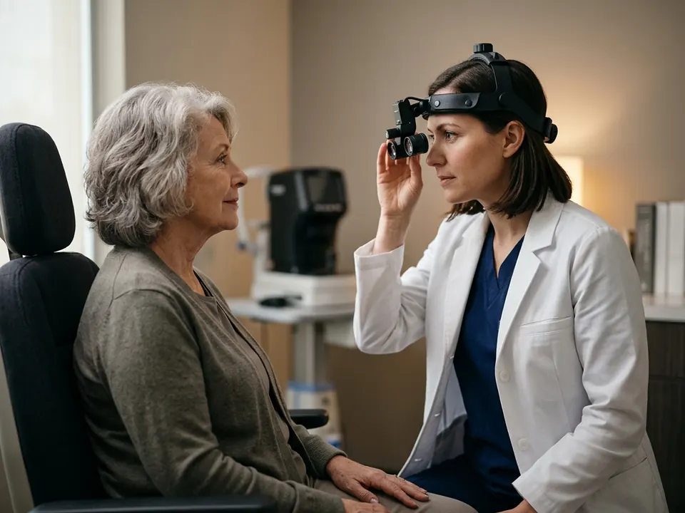 A retina specialist examining a patient's eye with an indirect ophthalmoscope.