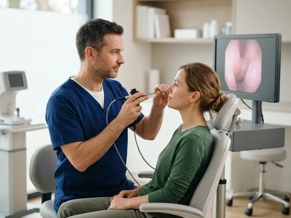 A rhinologist performing a gentle nasal examination on a patient in an office.