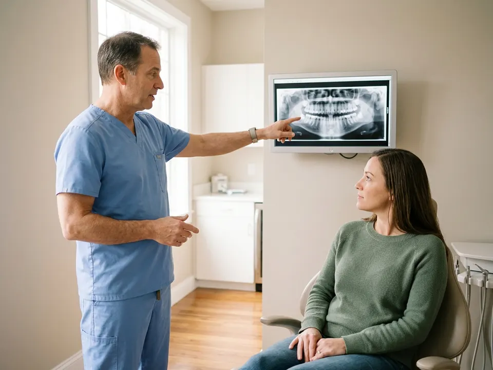 A dentist reviewing a digital tooth X-ray alongside a patient in a quiet dental office.