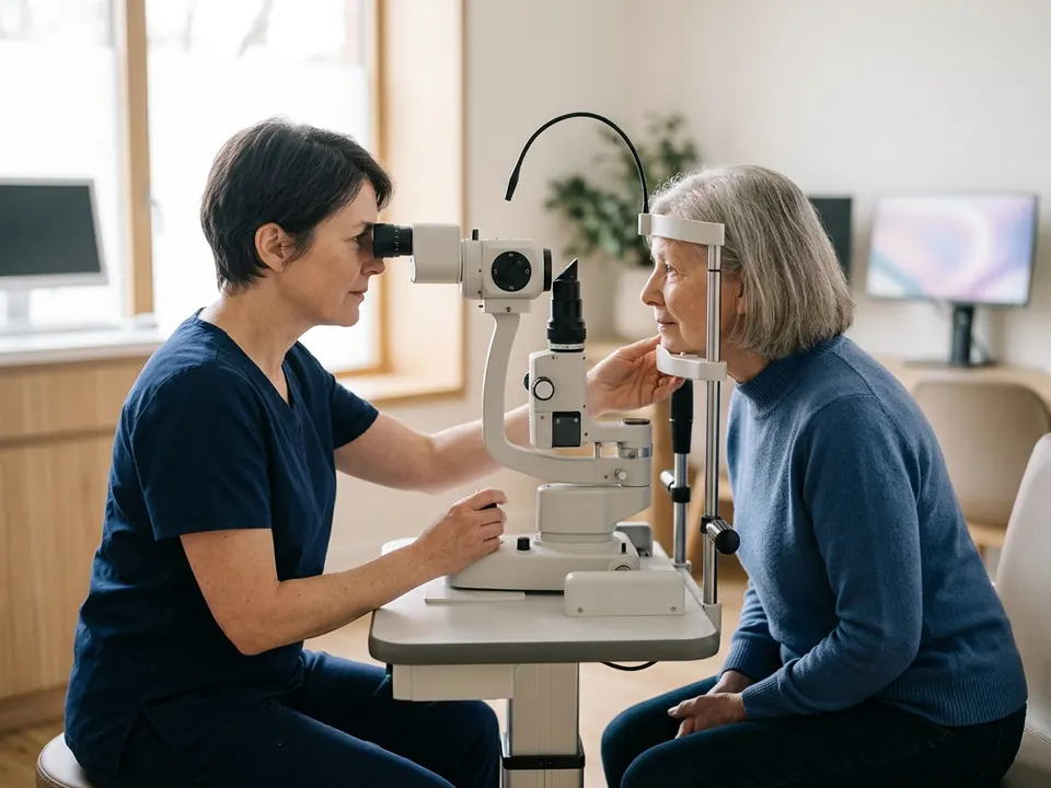 An eye surgeon performing diagnostic imaging on a patient in a laser eye clinic.