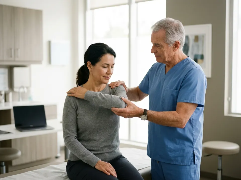 An orthopedic surgeon evaluating a patient's shoulder mobility during a consultation.