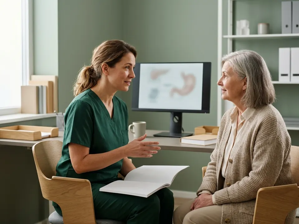 A physician explaining a diagnostic procedure to a patient in a consultation room.