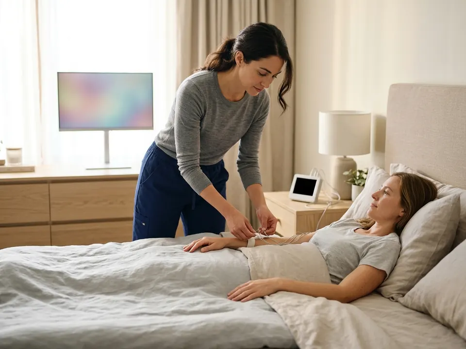 A sleep specialist setting up comfortable monitoring sensors in a modern sleep study room.