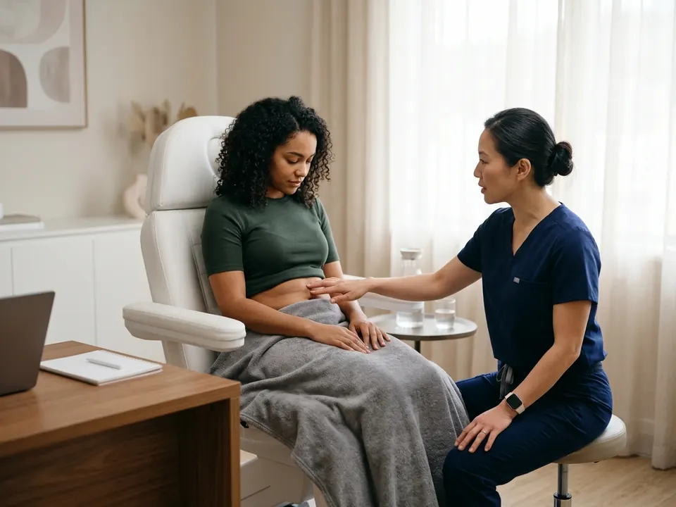 A cosmetic surgeon consulting with a patient about body contouring procedures in a clinic.