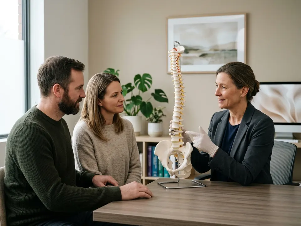 A neurosurgeon holding a spine model while explaining a procedure to a seated patient.
