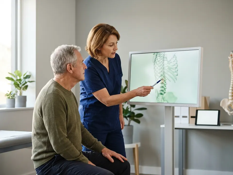 A neurosurgeon and a patient looking at a spine model together in a clinic.