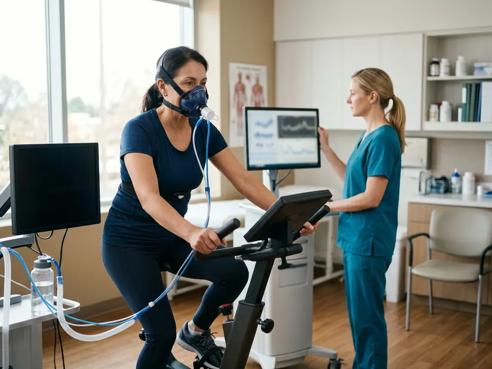 A patient undergoing a spiro-ergometry exercise stress test on a stationary bicycle.