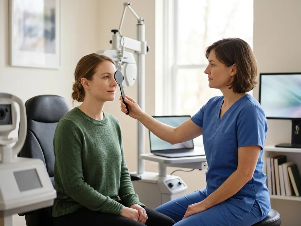 An eye doctor using an occluder paddle to check a patient's vision alignment.