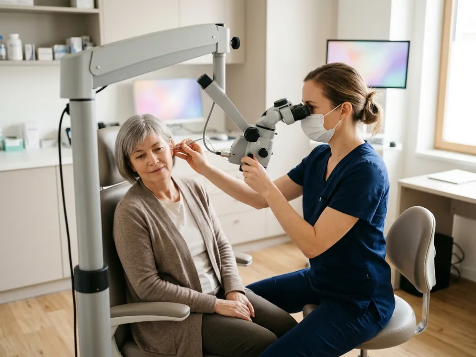 An ENT doctor examining a patient's ear using an otologic diagnostic microscope.
