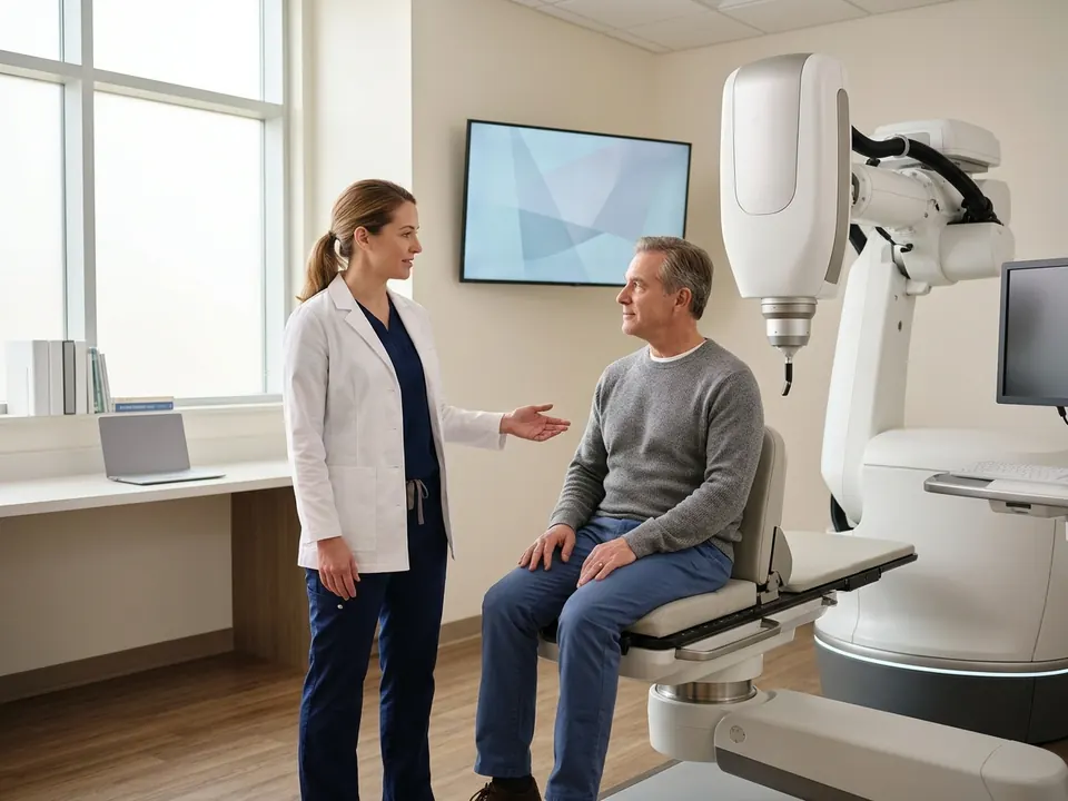 A radiation specialist standing next to a modern linear accelerator in a treatment room.