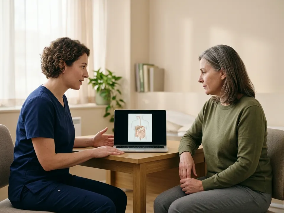 A bariatric specialist discussing a digestive system chart with a patient in a clinic.