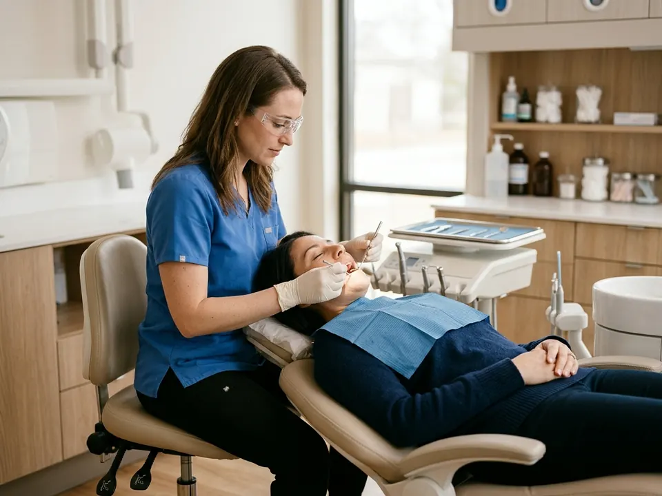 A dental hygienist holding instruments while preparing to clean a patient's teeth.