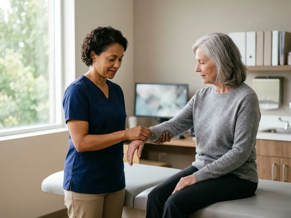 An orthopedic doctor gently examining a patient's forearm during a clinical visit.