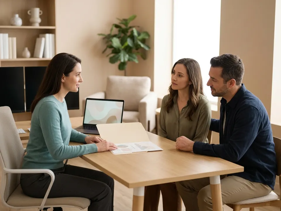 A fertility specialist discussing treatment options with a couple in a modern clinic.