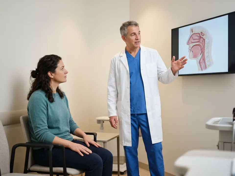 An ENT specialist discussing throat anatomy and diagnostic findings with a patient.
