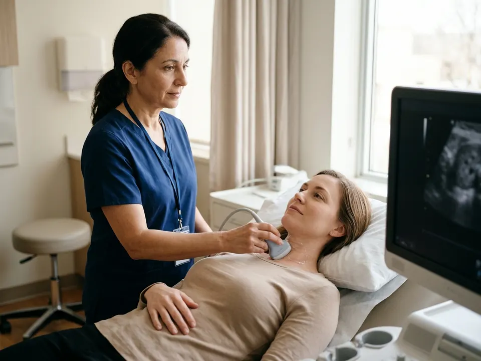 A medical specialist performing a thyroid ultrasound exam on a patient's neck.