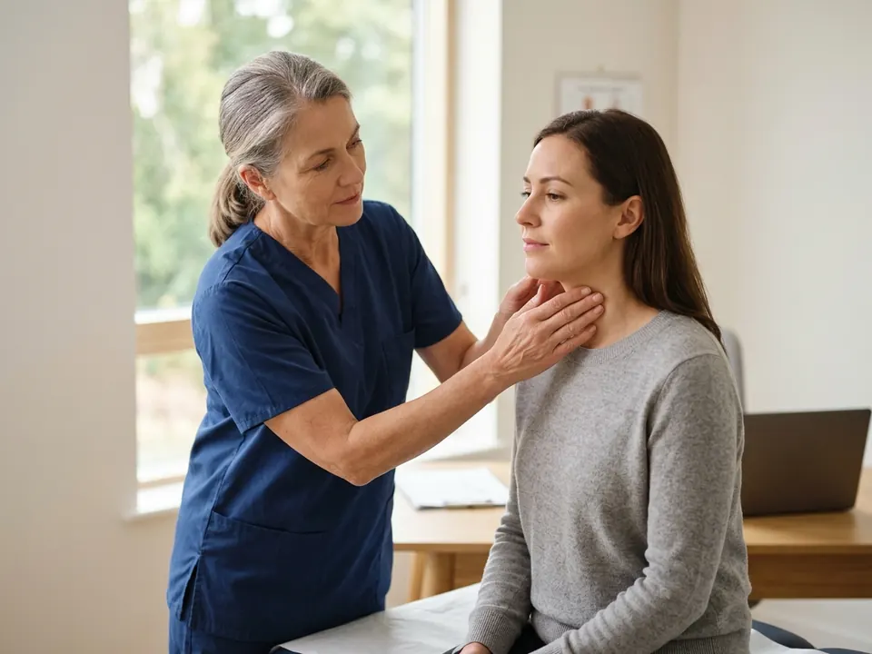 A doctor gently examining a patient's neck area during an endocrine evaluation.
