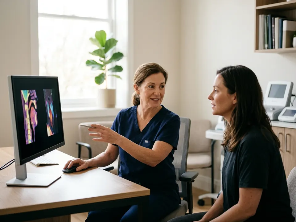 An ENT specialist discussing vocal cord scan results with a patient in a medical office.