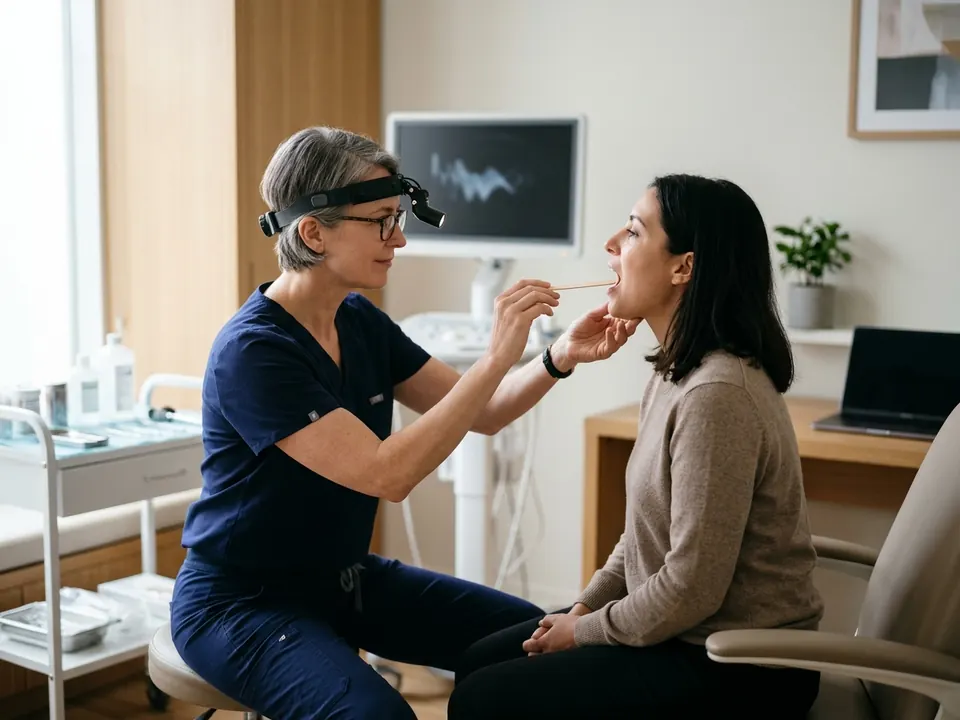 An ENT specialist examining an adult patient's throat with a tongue depressor in a clinic.