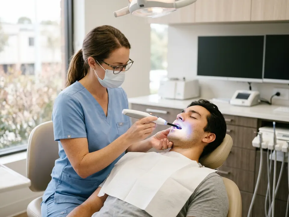 A dental professional positioning a whitening light beside a reclined patient.