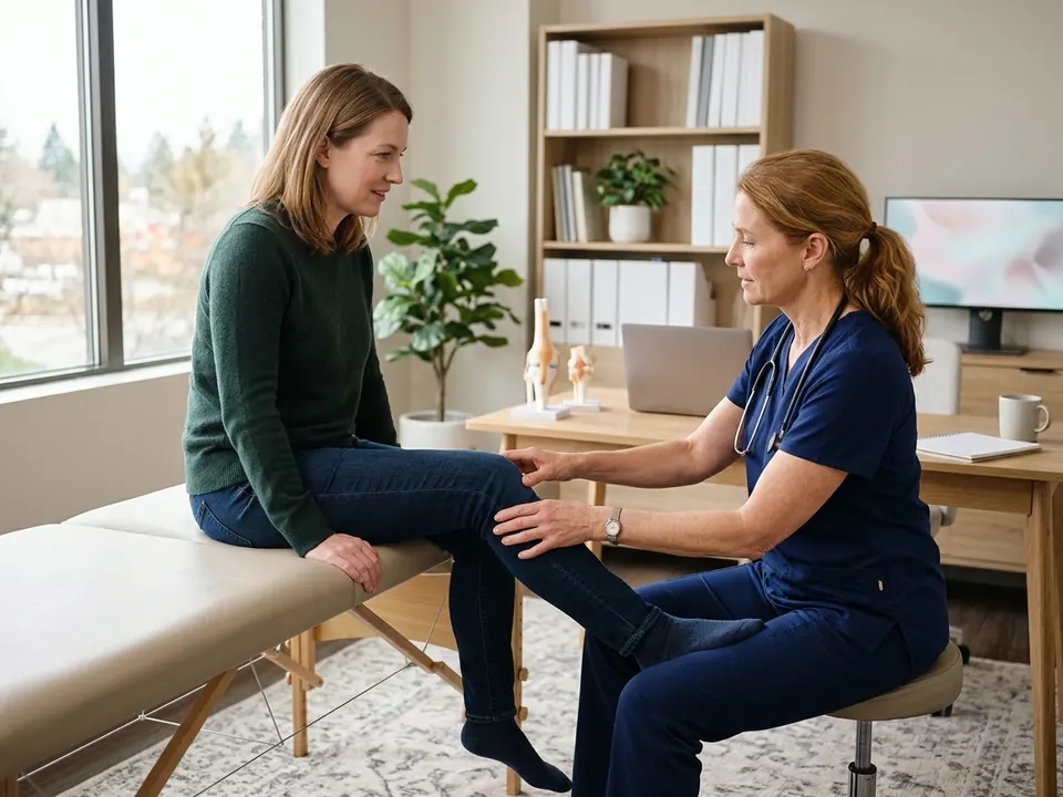 An orthopedic doctor examining a patient's knee during a joint consultation.