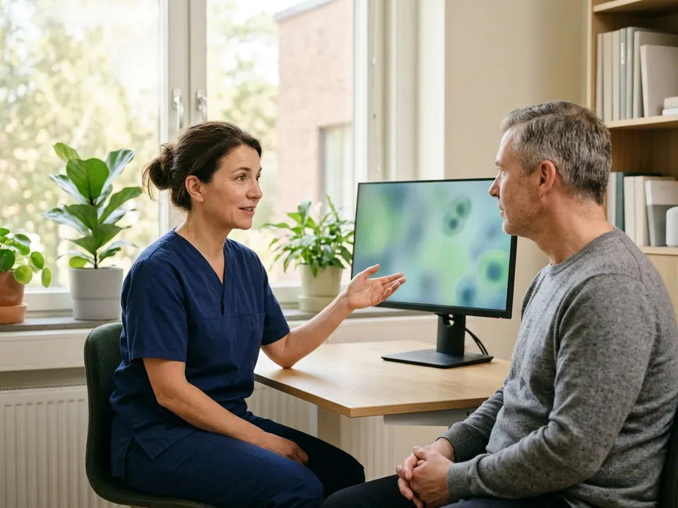 A stem cell specialist consulting with an adult patient in a bright, modern medical office.