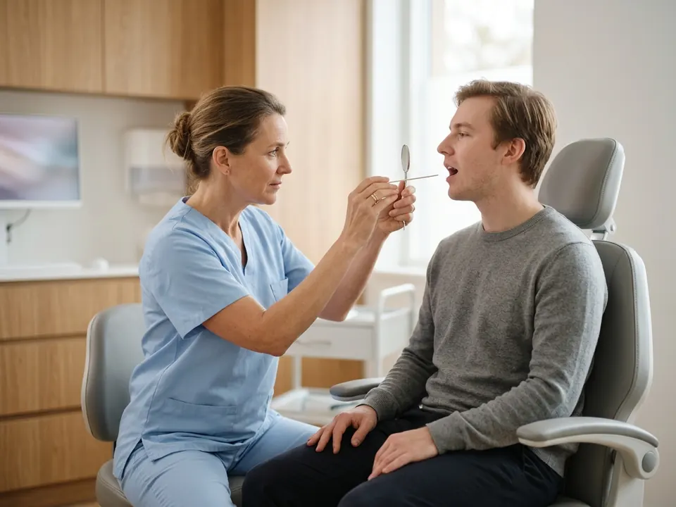 An ENT physician conducting an oral examination on a patient in a modern clinic chair.