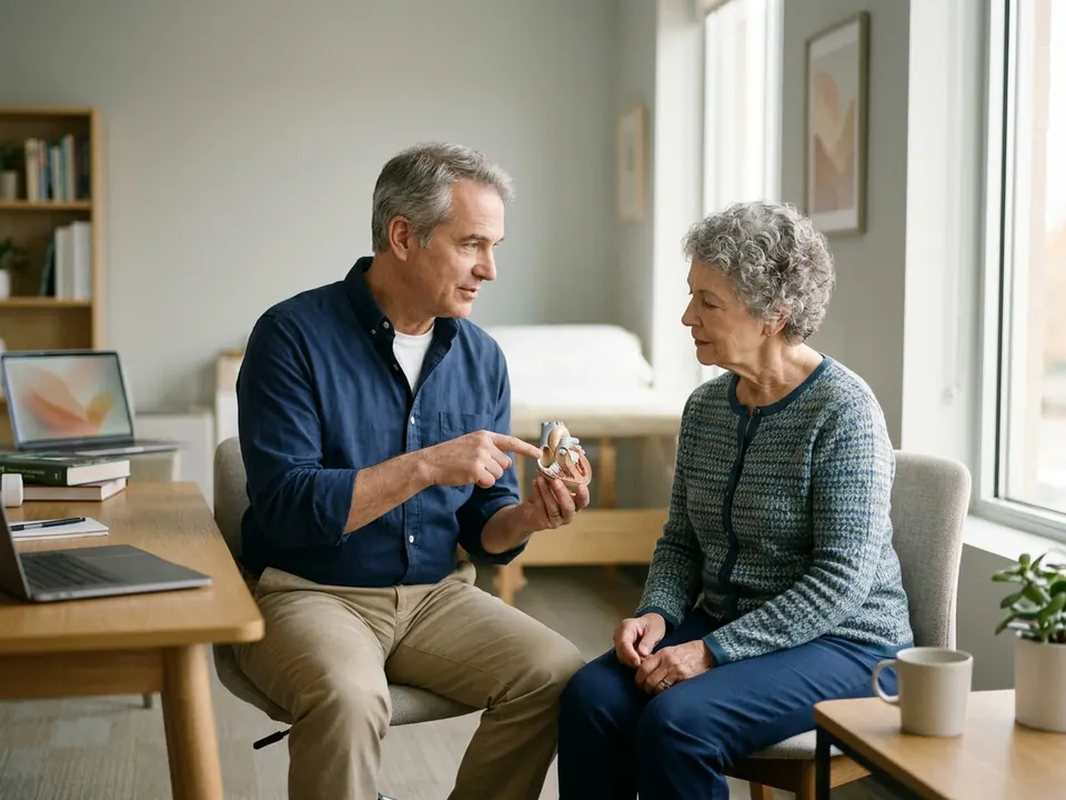 A cardiologist showing a prosthetic heart valve model to a patient during a consultation.
