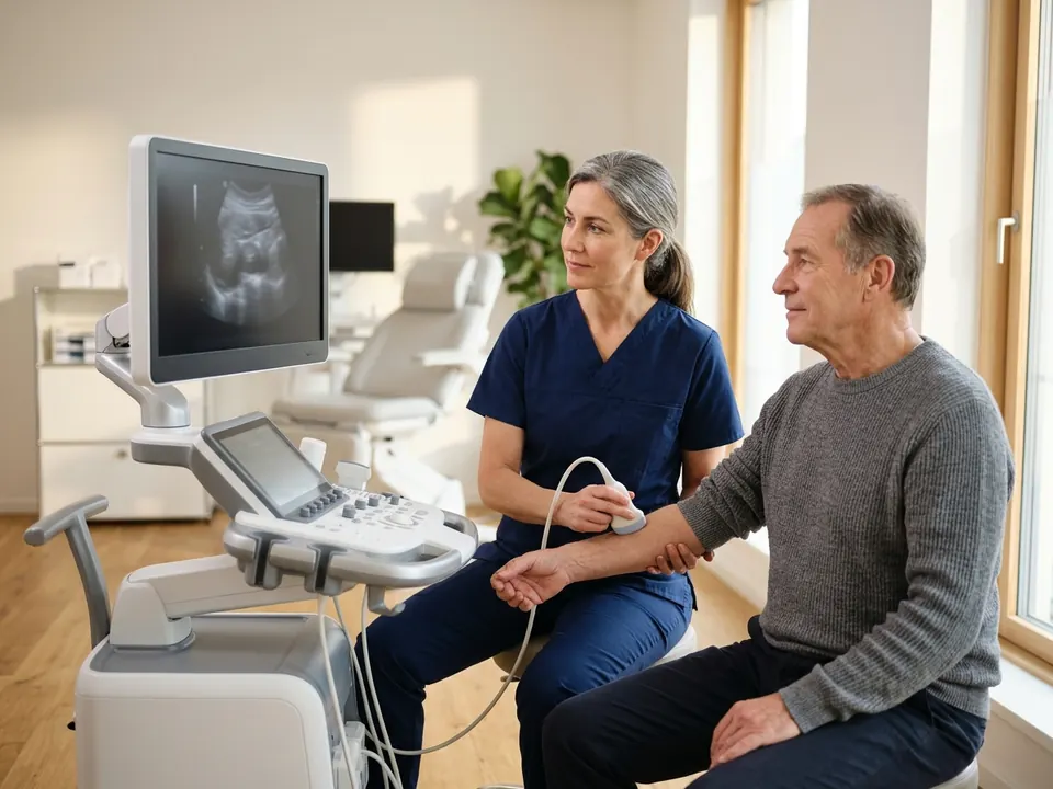 A vascular technician operating an ultrasound machine for diagnostic testing.