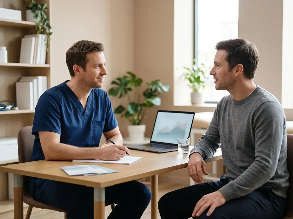 A doctor and a male patient speaking during a healthcare consultation.